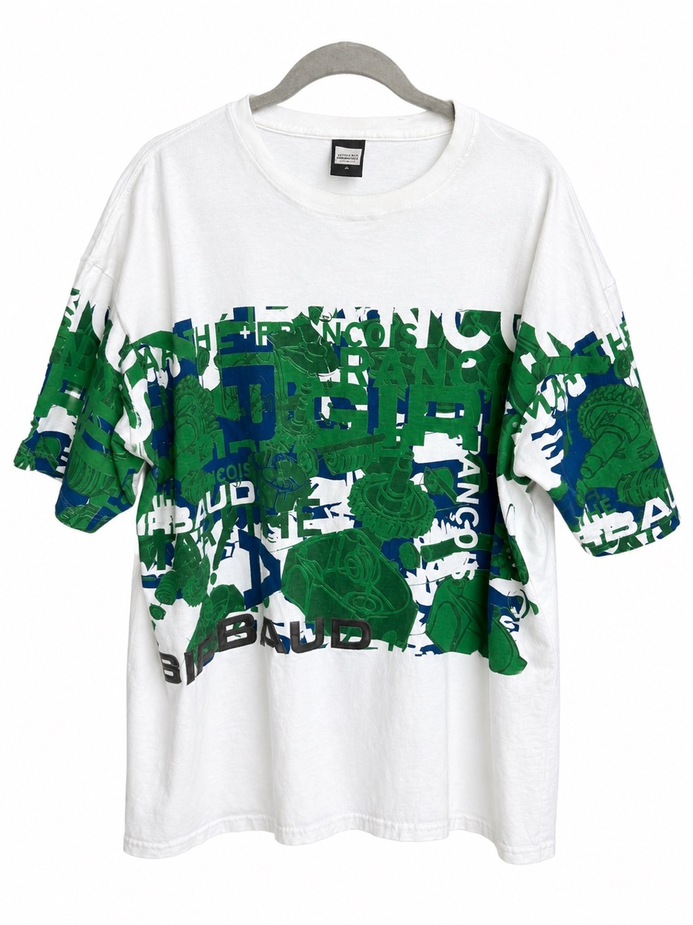 Marithe Francois Girbaud White Tee with Green & Blue All-Over Graphic